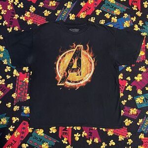 ’13 Avengers Assemble x MAD Engine ‘Flaming A’  Black Graphic Tee Shirt / Size X